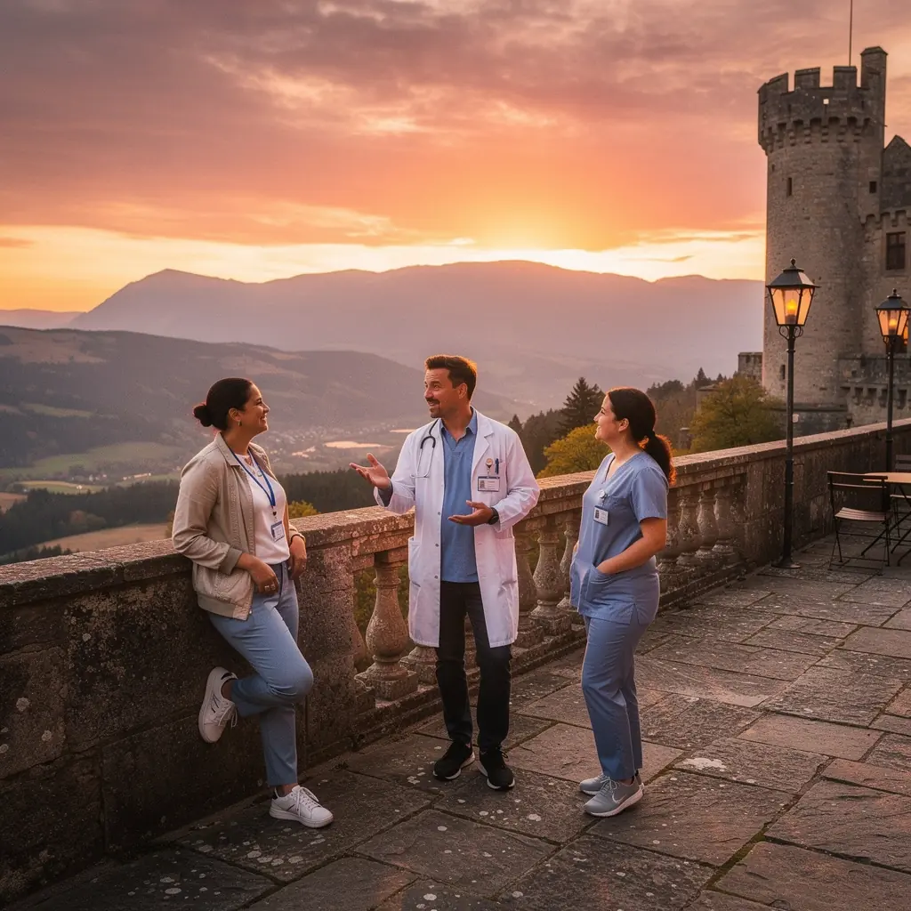 Ein Fotograf, der eine geführte Fotosession vor dem Schloss Neuschwanstein leitet.